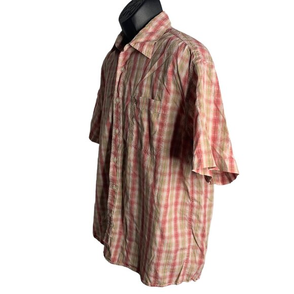 Aigle Button Up Short Sleeve Shirt L Pink Plaid Chest Pocket Collared Cotton - Picture 3 of 6